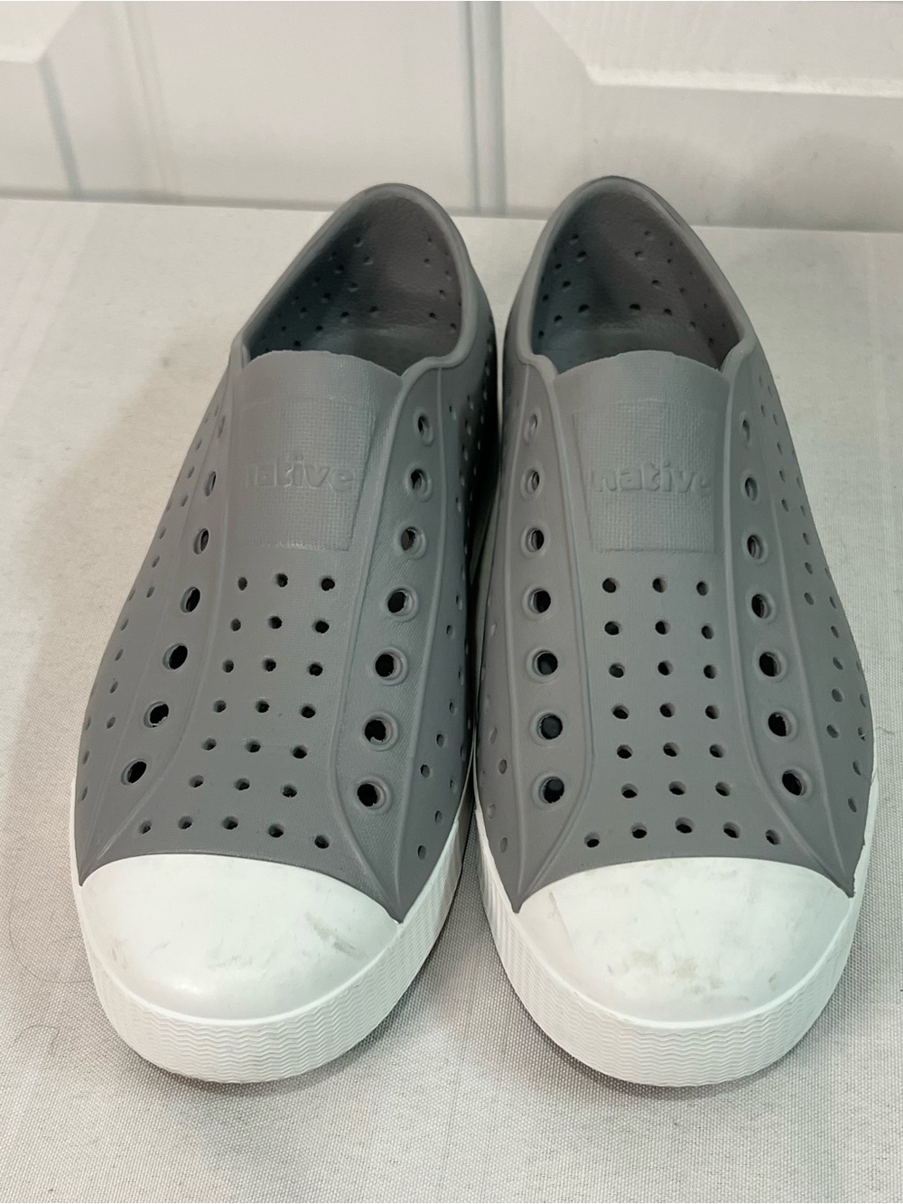 Native Grey & white Slip-On Perforated Loafers PVC unisex M5 W8 summer beach